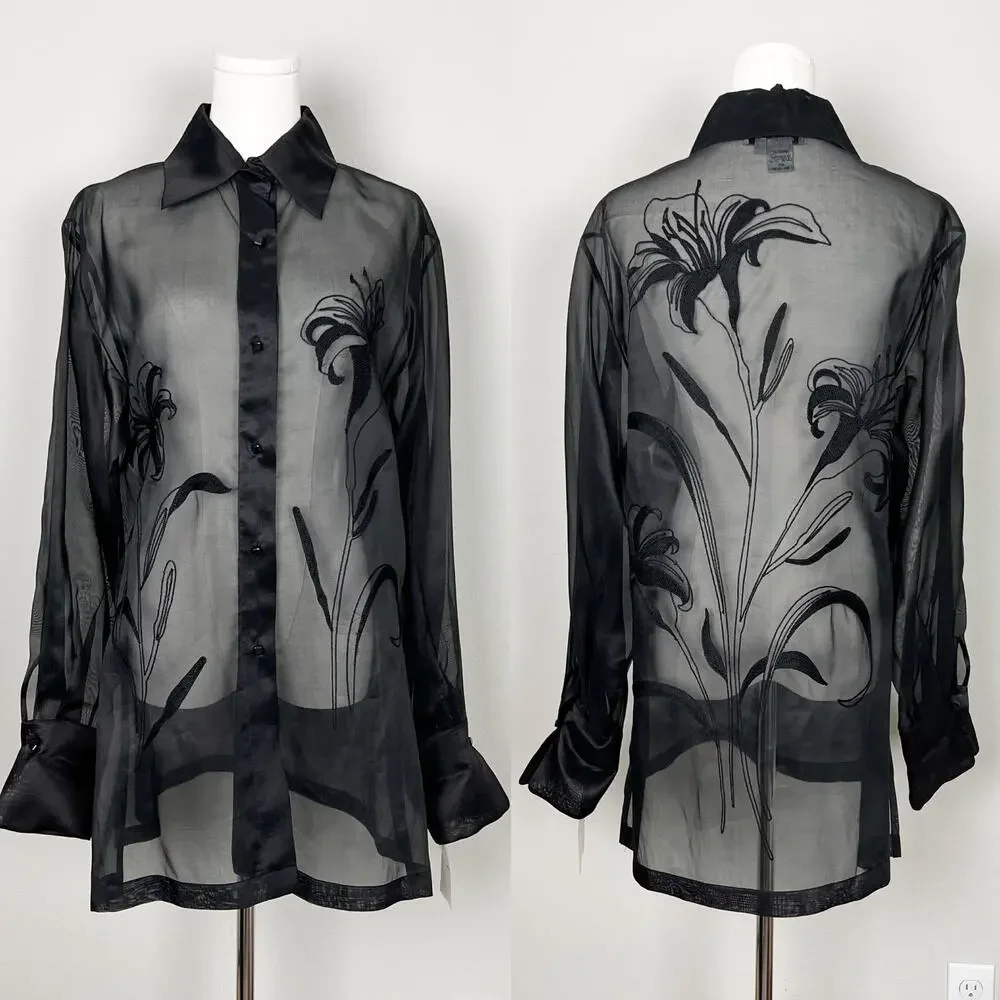 90s vintage black silk minimalist sheer organza emboidered tunic shirt blouse - Picture 1 of 10